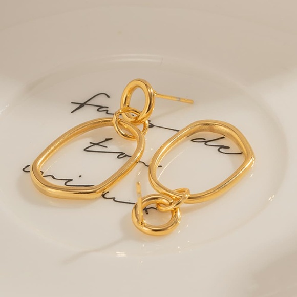 18K Gold Plated Stainless Steel Dangle Hoop Minimalistic Earrings - Picture 3 of 6